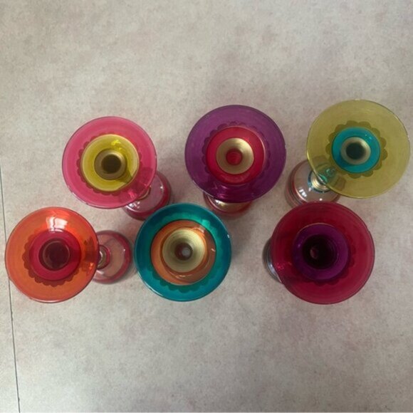 Pier 1 Multi-Color Hand Painted Jewel Toned Long Stem Glasses Set 6 - Picture 10 of 12